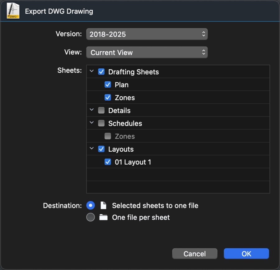 DWG/DXF Export dialog