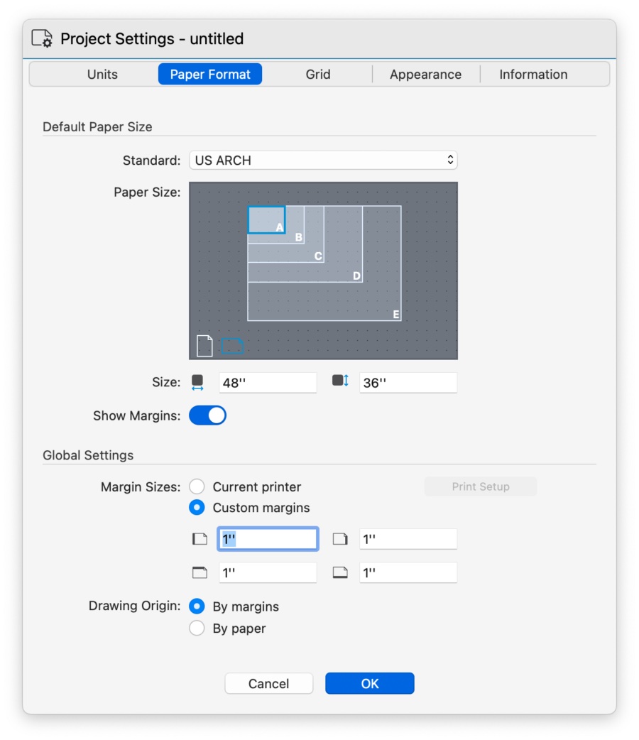 Default paper size settings